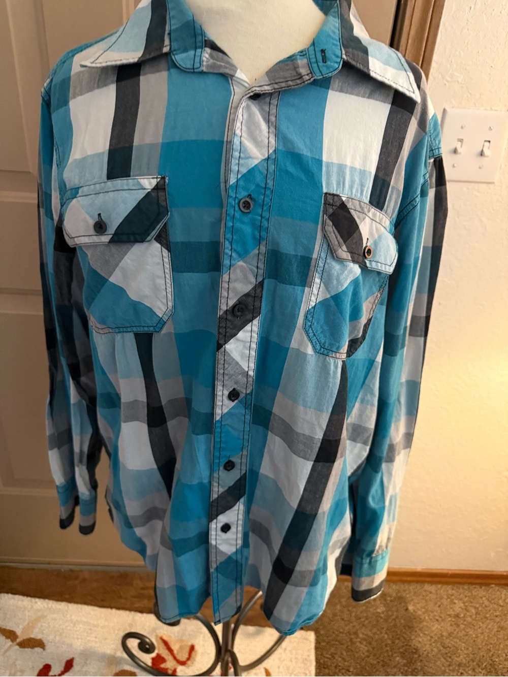 Men's Teal and Gray Plaid Button-Down Shirt